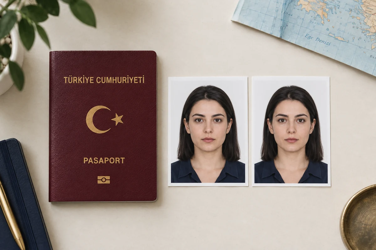 Türkiye pasaportu yanında yapay zekâ ile üretilmiş vize fotoğrafı baskıları